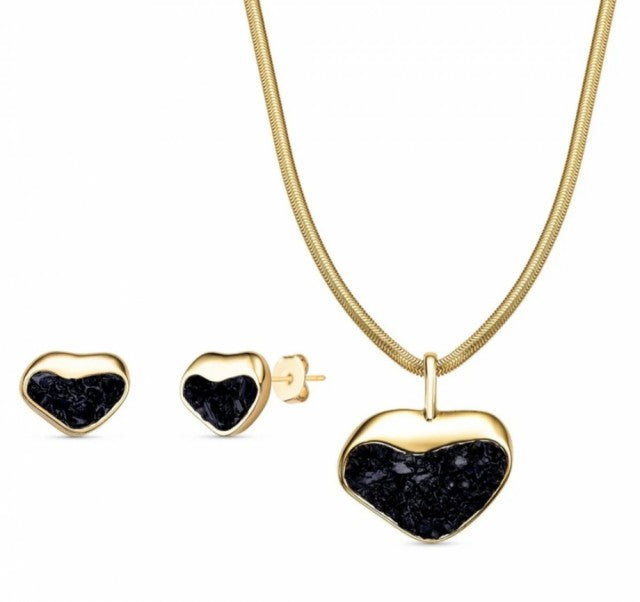 New 2025 Brazil Gem Black Turmaline Heart Shape Necklace & Earring Set 18K Gold Plated
