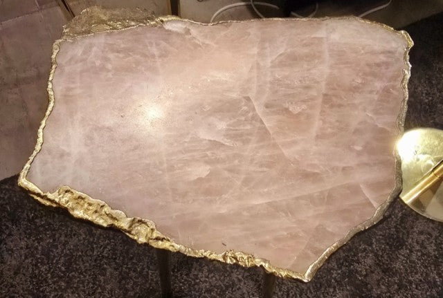 Superdeal / Rose Quartz kaffebord - sidetable med electroplated, tykk kant og avtagbare ben ( 3 stk ), ca. 23x18cm