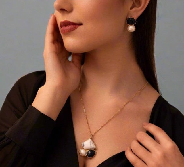 New 2025 Brazil Gem - 3 Stone Howlite + Sodalite + White Shell Pearl Pearl 18K Gold Plated Necklace & Earring Set