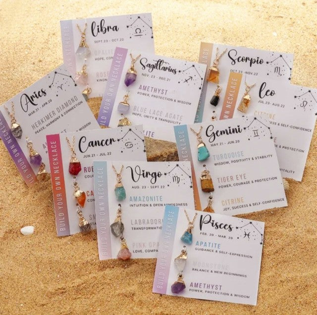 Nytt Birthstone Kjedesett inkl. 3 Stenanheng med naturlige rÅstener for ditt stjernetegn, VANNMANN - Goldplated