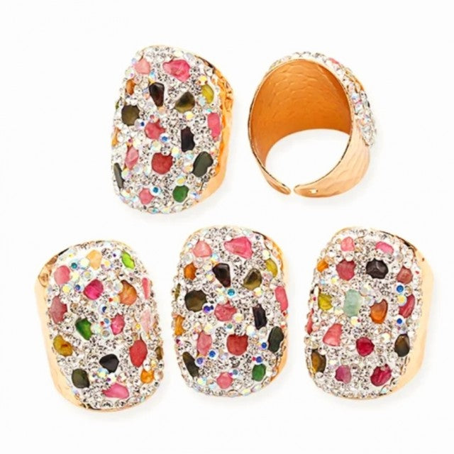 Nye og unik Rainbow Turmaline Quartz Ring m/ Rhinestone decor, Gold electroplated