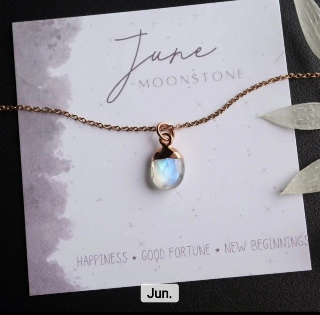 Nytt OVAL Birthstone Designkjede, Gold Electroplated, Juni - Moonstone, 8x14mm
