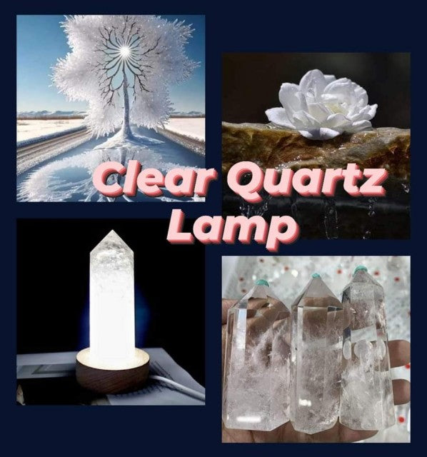 Clear Quartz Tower, XLarge ca. 500gram inkl. 10cm Bambus Led Lysbase m/remote control