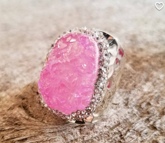 Druzy Pink Quartz Ring Silver Electroplated, justerbar