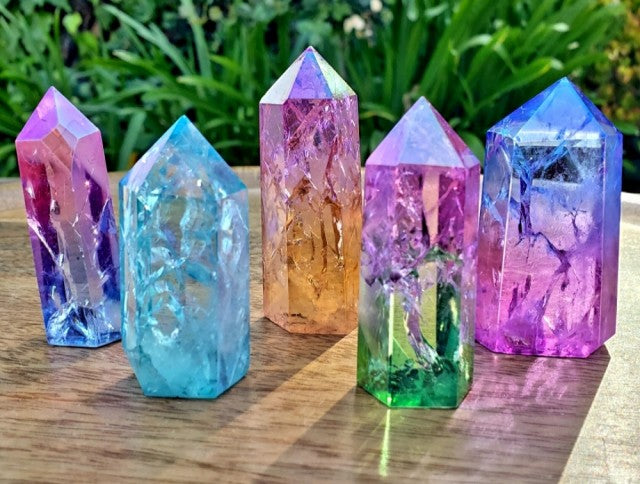 Cracle Ice Quartz Aurakvarts TÅrnkrystall , 3 fargekombinasjoner 7 - 8 cm