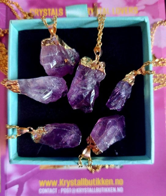 Vakkert RÅ Ametyst Smykkesett m/ Kjede og Øredobber