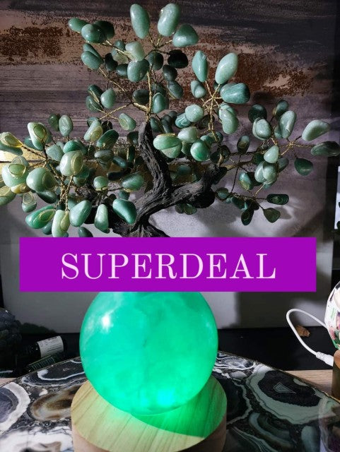 SUPERDEAL Crystal Exclusive Pack / Brazilian Bonsai Green Quartz Crystal Tree + Green Fluorite Quartz Sphere Ball 80mm
