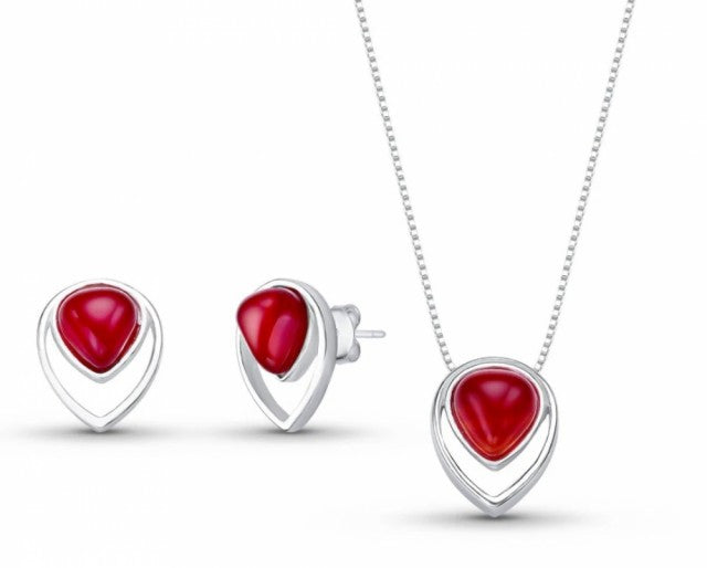Brazil Gem 2025 - 925s Sterling Silver Inverted Teardrop Necklace & Earring Set w/ Natural Red AGATE Gemstone