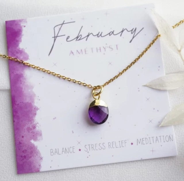 Nytt OVAL Birthstone Designkjede, Gold Electroplated, Februar - Ametyst, 8x14mm
