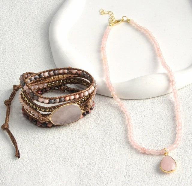 Nye Bohemian Design Single Row Necklace BoHo Bracelet, Rose Quartz