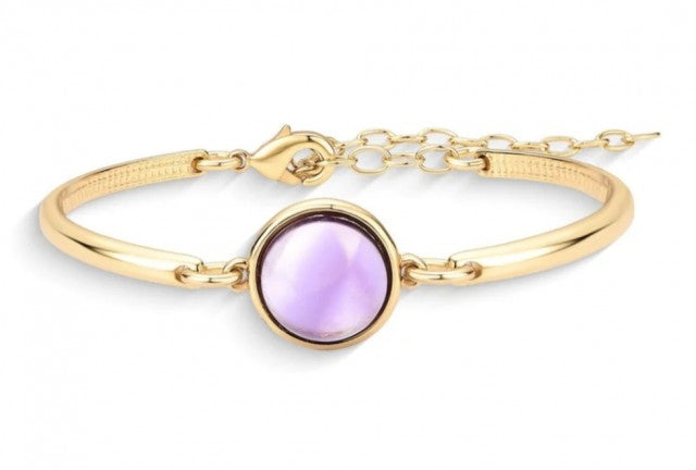 New 2025 Brazil Gem Round 18K Gold Plated Bangle & Chain Bracelet w/ Natural Amethyst Gemstone
