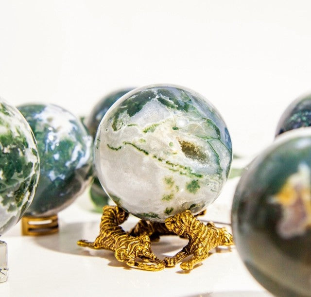 Natural Green Moss Agate Geode Sphere, 50 - 60mm