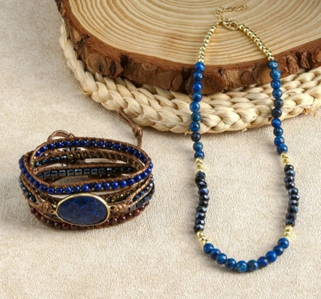 Nye 2025 Bohemian Blue Lapis Design Smykkesett, Single Row Kjede og BoHo Wrap armbÅnd