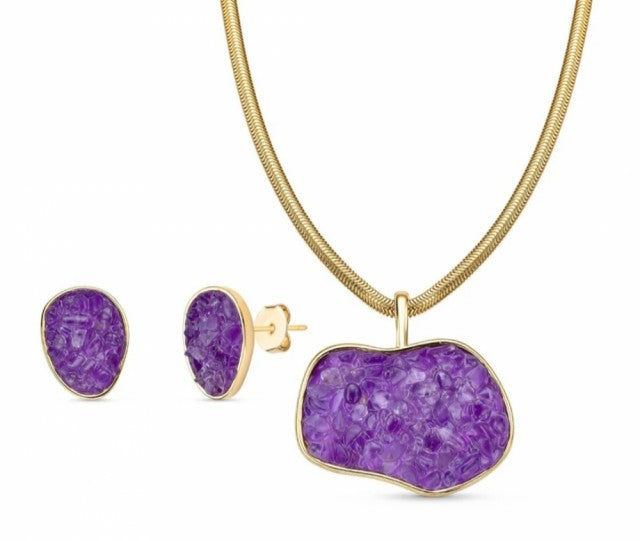 New 2025 Brazil Gem Ametyst Freeform Necklace & Earring Set 18K Gold Plated