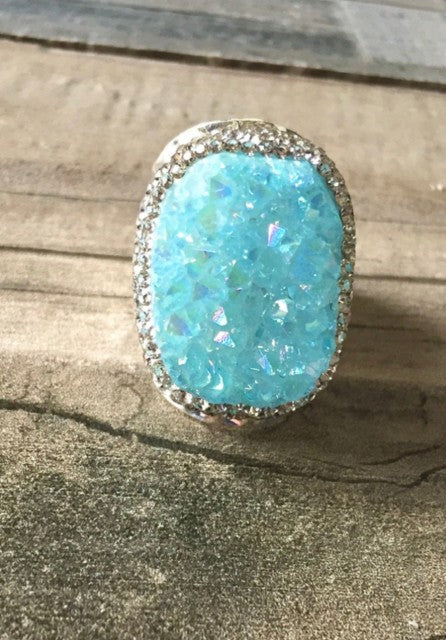 Druzy Aqua Blue Quartz Ring Silver Electroplated, justerbar
