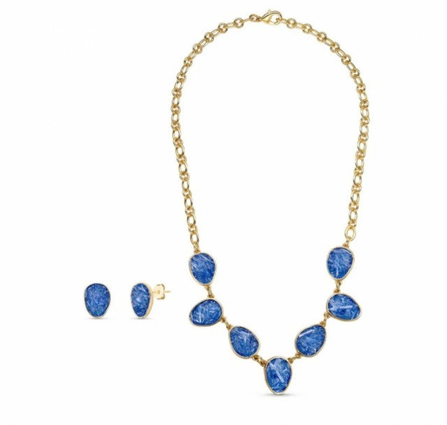 New 2025 Brazil Gem 7-Stone KYANITE, Gold Plated Riviera Necklace & Earring Set