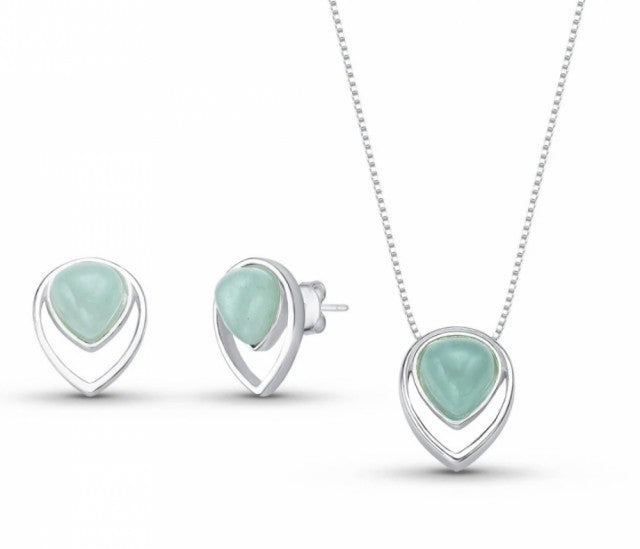 Brazil Gem 2025 - 925s Sterling Silver Inverted Teardrop Necklace & Earring Set w/ Natural Green Quartz Gemstone