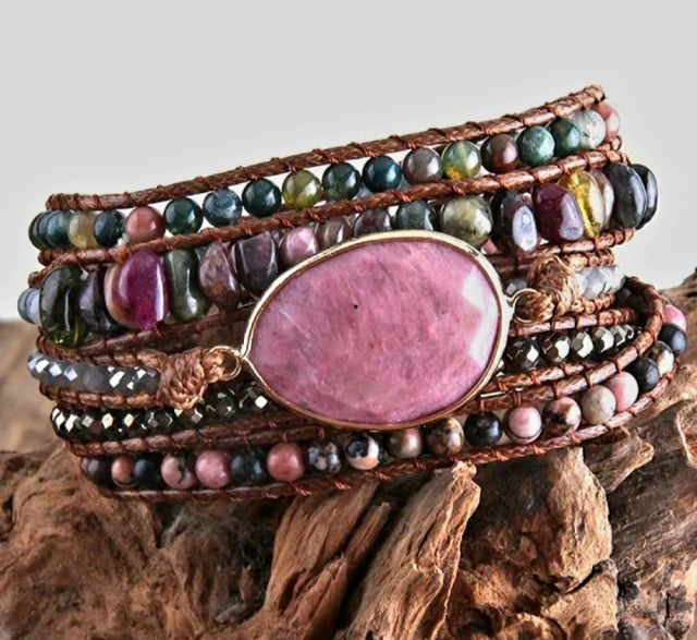 NYHET 2022 ! BOHO WRAP BRACELET 5 rader armbÅnd med stor Rhodonite sten