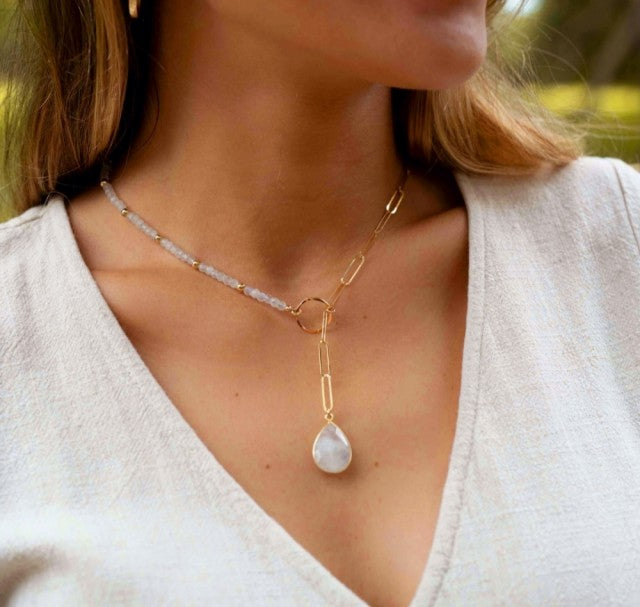 Natural Gemstone Moonstone Teardrop Shape Lariat Necklace, Gold Plated