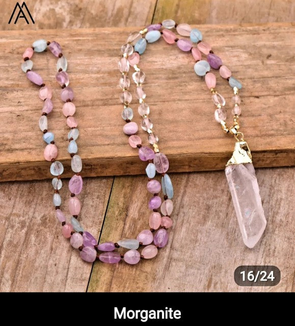 NYE MALA CRYSTAL KJEDER MORGANITE m/Clear Quartz Spissanheng