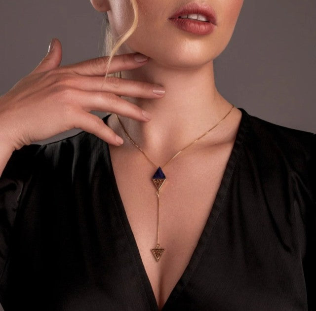 New 2025 Brazil Gem Triangular Plate Sort AGATE Gemstone with Gold Design 18K Gold Plated Lariat Necklace