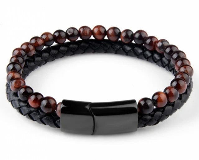 Nyhet ! Nye, tøffe naturlige Tigerøye/ Sort Obsidian armbÅnd med skinn og magnetlÅs, 4 design