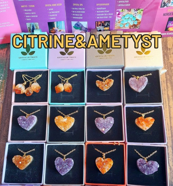 Supervakre og store - 40mm druzy Raw Ametyst & Citrine Cluster Hjerteanheng m/80cm langt kjede, Gold Electroplated