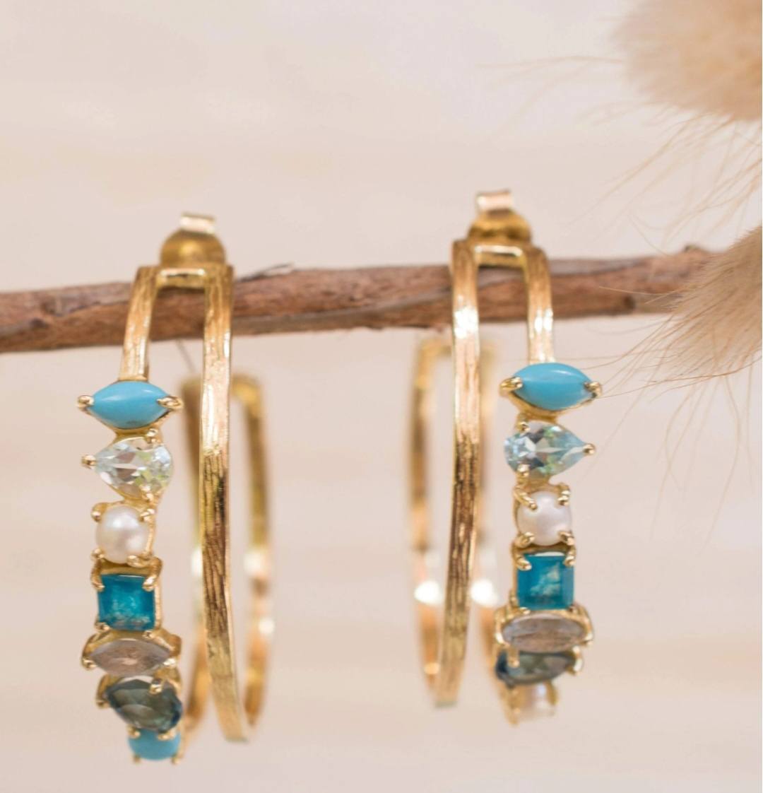 CILA Ring Design Turquise, Blue Topaz, Labradorite, Green white Jade stone Earrings , 18K Goldplated