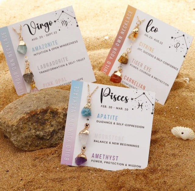 Nytt Birthstone Kjedesett inkl. 3 Stenanheng med naturlige rÅstener for ditt stjernetegn, TVILLING - Goldplated