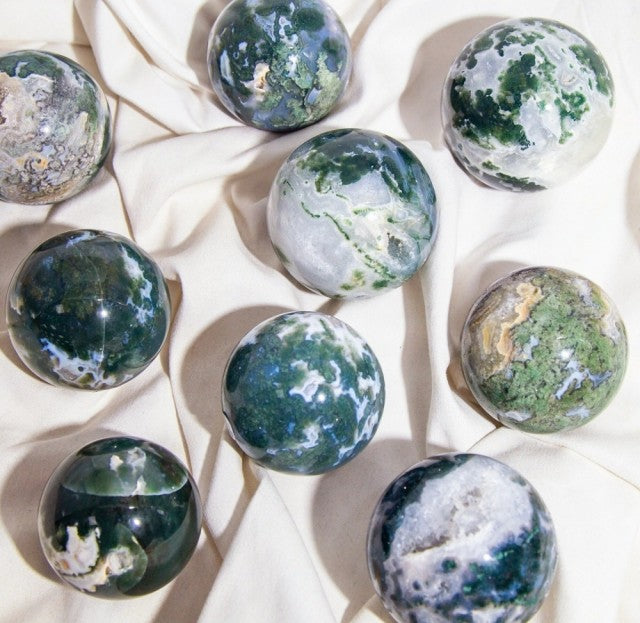 Natural Green Moss Agate Geode Sphere, 70 - 80mm