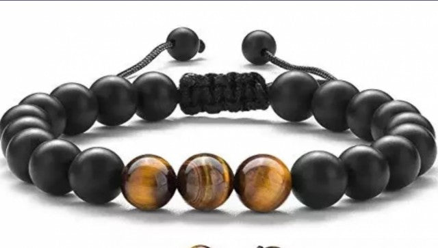 Merkaba, armbÅnd med Tigerøye og matt Obsidian , 8mm stener, justerbart