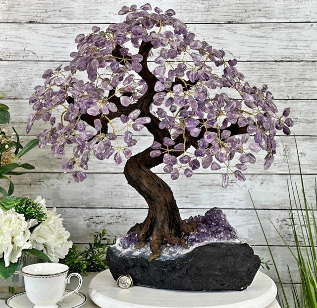 Vakre og eksklusive Feng Shui - Bonsai Lykketrær m/ ekte Ametyst krystaller og Ametyst Clusterfot, ca. 52cm høy, 11kg