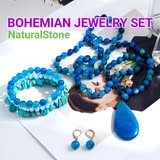 Nytt BOHEMIAN Ocean Blue AGATE Design Smykkesett ( Kjede, Armbånd, Øredobber )