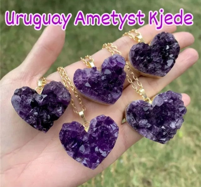 SUPERVAKRE URUGUAY AMETYST RÅ QUARTZ BIG HEART KJEDER, 30 - 35mm