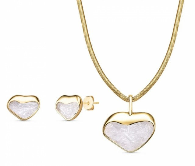 New 2025 Brazil Gem Selenite Heart Shape Necklace & Earring Set 18K Gold Plated