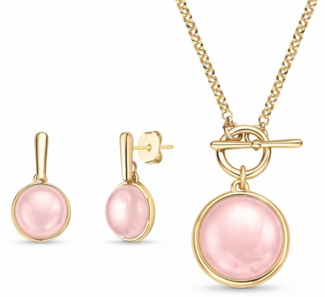 New 2025 Brazil Gem Rose Quartz Pearlized Round 18K Gold Plated Necklace & Earring Set
