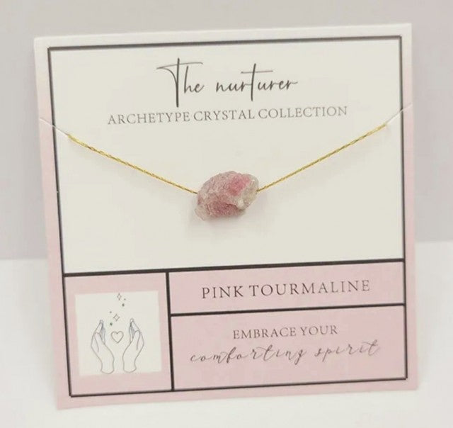 Vakkert og enkelt Birthstone Gold Designkjede m/RÅsten - Pink Tourmaline - Tynt kjede, 8 - 13mm rÅstener