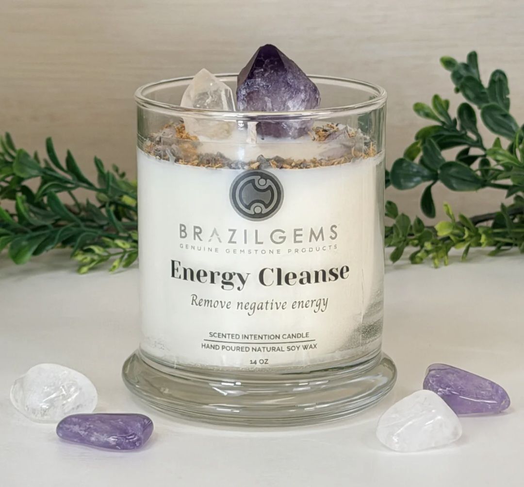 Nye, håndlagede Crystal Soya Wax DuftLys fra BrazilGem, 400gram - Intention " ENERGY CLEANSE"