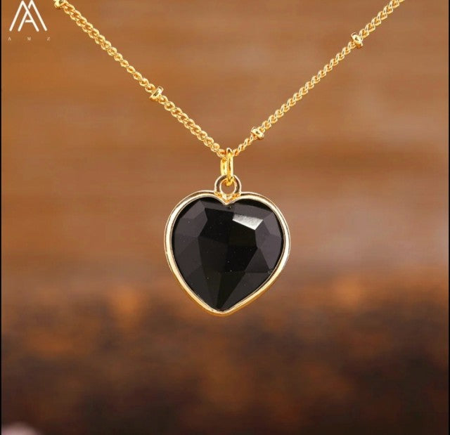 Small Hearts Designkjede 16x16mm - Gold Electroplated - Sort Agate