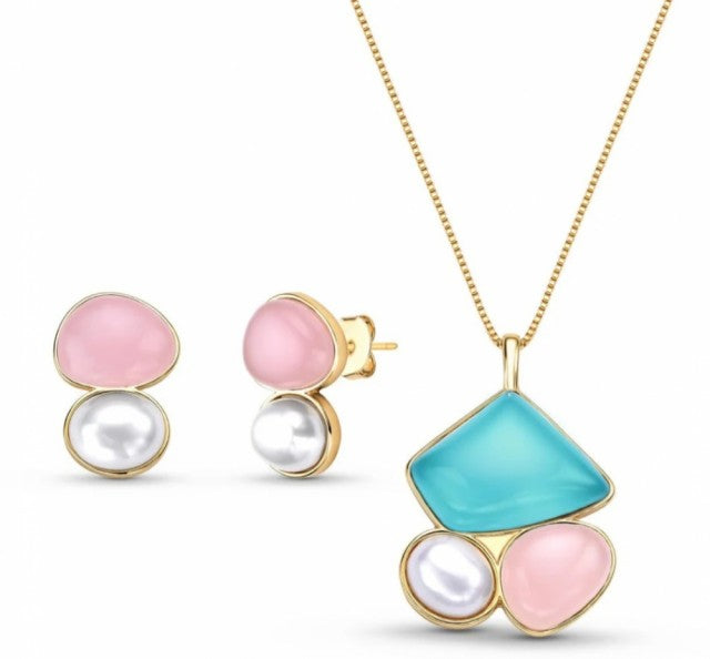 New 2025 Brazil Gem - 3 Stone Sky Blue Agate + Rose Quartz + White Shell Pearl 18K Gold Plated Necklace & Earring Set