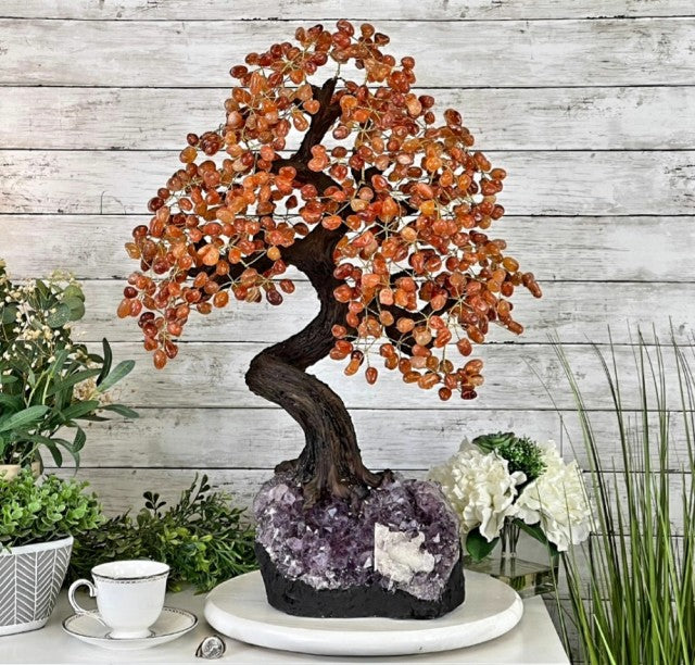 Vakre og eksklusive Feng Shui - Bonsai Lykketrær m/ ekte Karneol krystaller og Ametyst Clusterfot, 52cm høy, 11kg