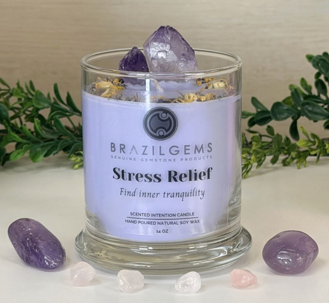 Nye, håndlagede Crystal Soya Wax DuftLys fra BrazilGem, 400gram - Intention " STRESS RELIEF "