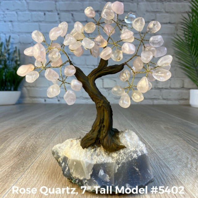 Vakre og eksklusive Feng Shui - Bonsai Lykketrær m/ ekte krystaller og Ametyst Clusterfot, ca. 17cm høy, Rosenkvarts