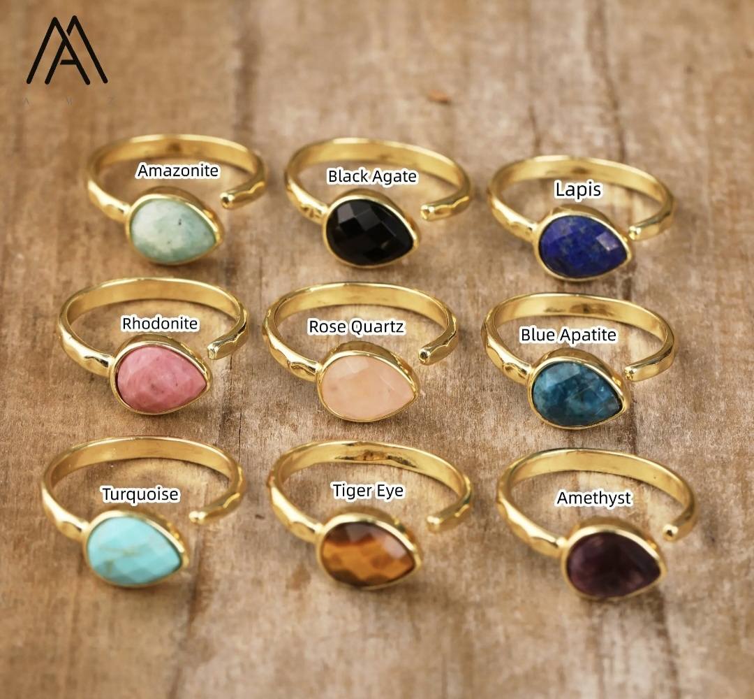 Nye MICCI Design Natural Stone Rings, 18K Goldplated, one size - justerbar, Teardrop Design, Amazonite