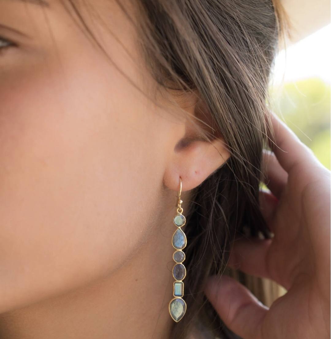 CILA " Clarice " Long Design LABRADORITE Stud Earrings , 18K Goldplated