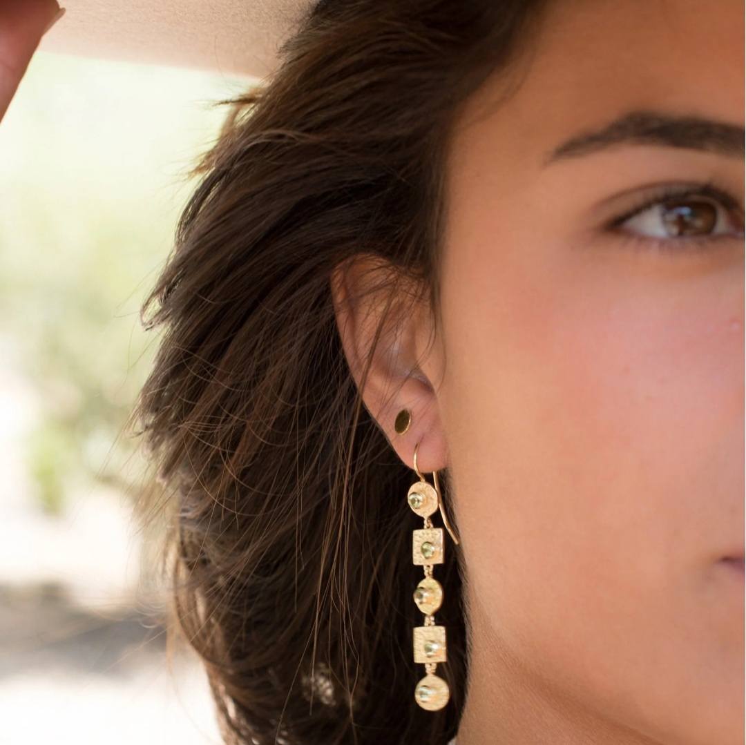 CILA " Sonia " Long Design Green Peridot Stud Earrings , 18K Goldplated