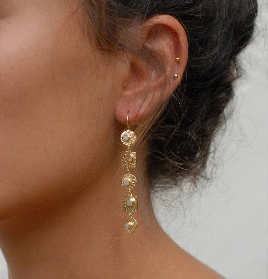 CILA " Sonia " Long Design Labradorite Stud Earrings , 18K Goldplated