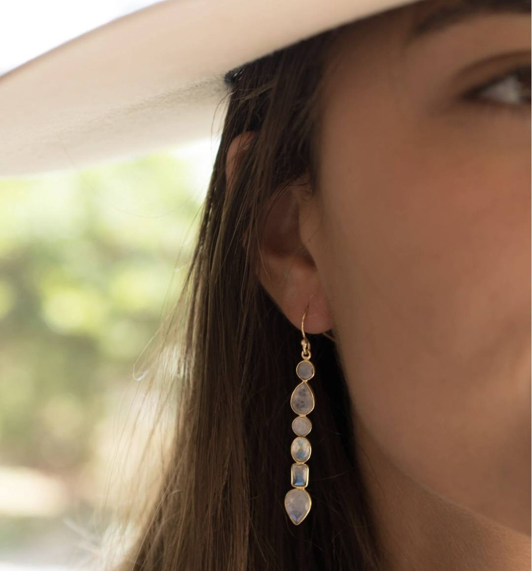 CILA " Clarice " Long Design MOONSTONE Stud Earrings , 18K Goldplated