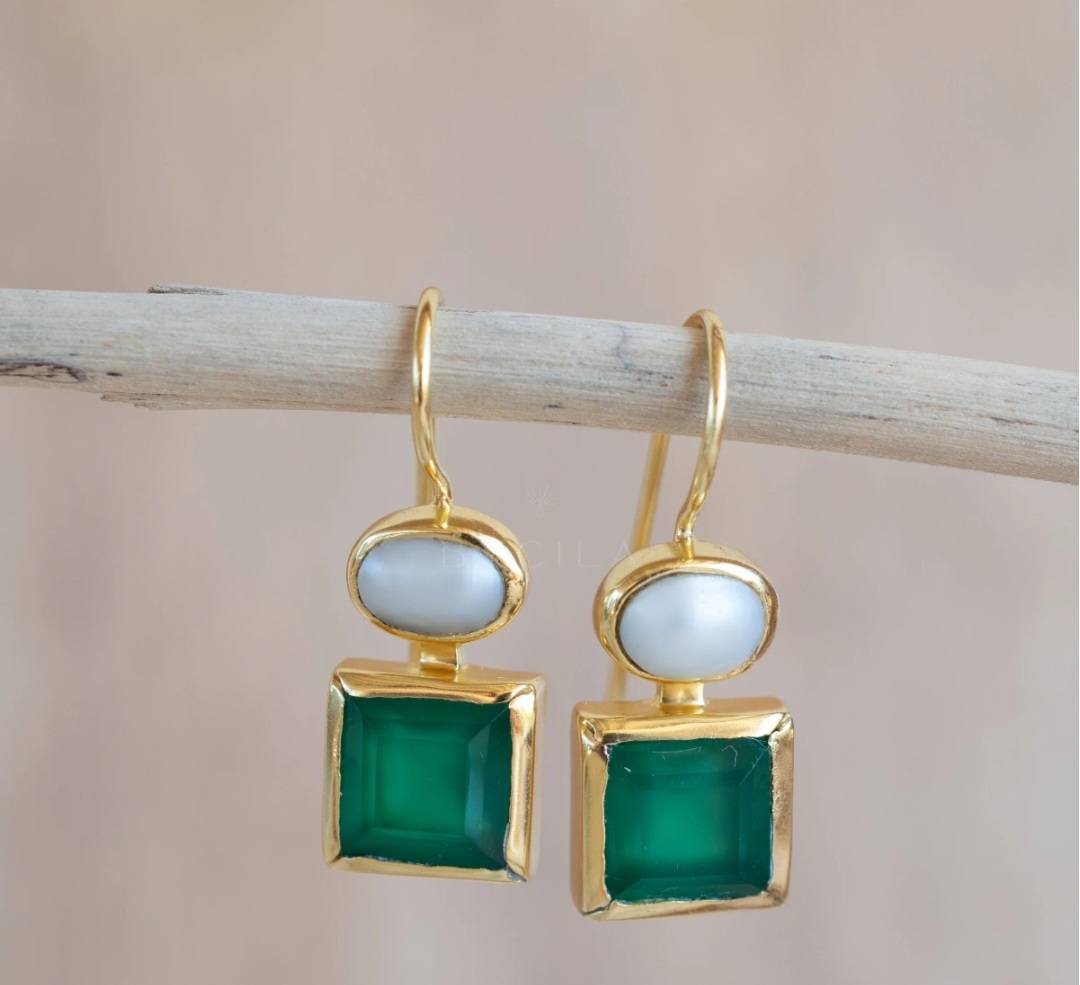 CILA " FABY " Earrings w/ Green Onyx & Pearl , 18K Goldplated