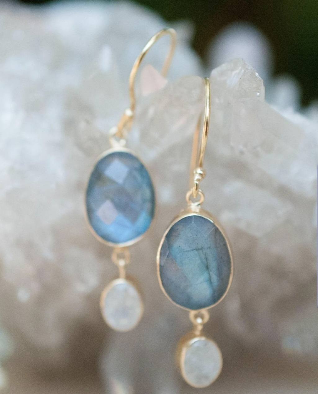 CILA " KARINE " Earrings w/ Moonstone & Labradorite , 18K Goldplated
